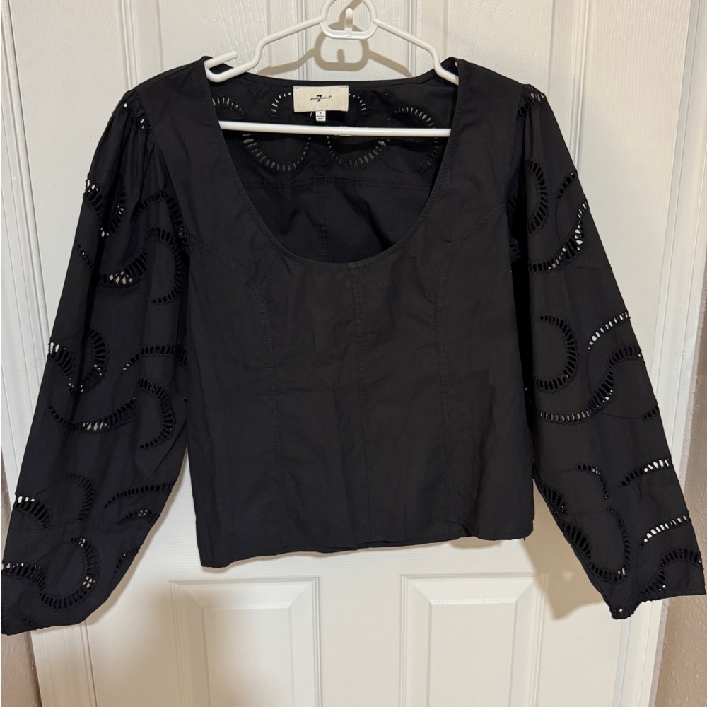 7 For All Mankind Black Scoop-Neck Eyelet Puff Sleeve Top